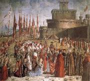 CARPACCIO, Vittore Scenes from the Life of St Ursula:The Pilgrims are met by Pope Cyriacus in front of the Walls of Rome oil